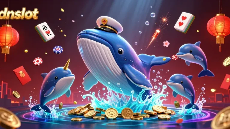 Join the fun with idnslot as the cartoon whale and dolphins splash through coins and poker chips.