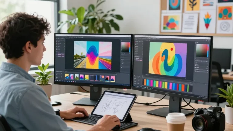 Creative professional using nano banana pro in a modern workspace with vibrant AI images displayed.