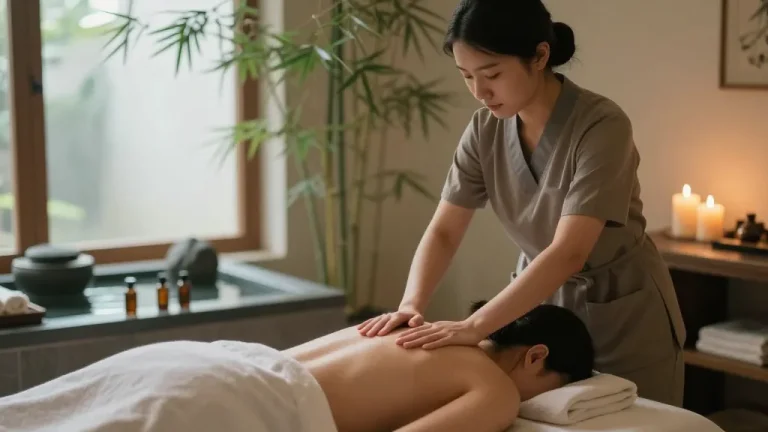 Massage therapy session in a calming spa environment with soothing ambiance and essential oils.