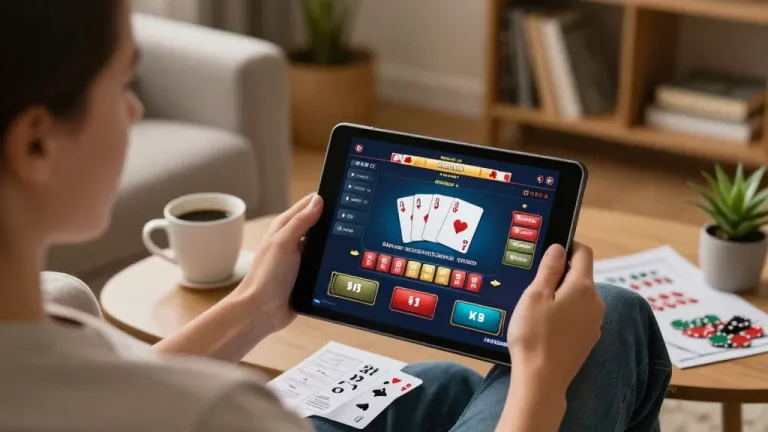 Engaging online poker session at home on trang chủ fly88 with a cozy atmosphere and strategy notes.