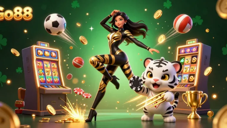 Experience exciting wins at Go88 with stunning rewards in a vibrant casino-themed illustration.