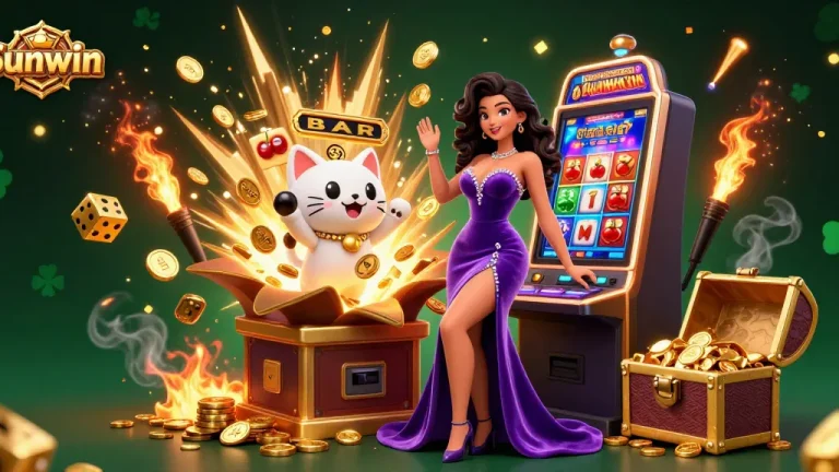 Experience big wins with Sunwin's dazzling slot machines and festive gameplay elements in this vibrant casino scene.
