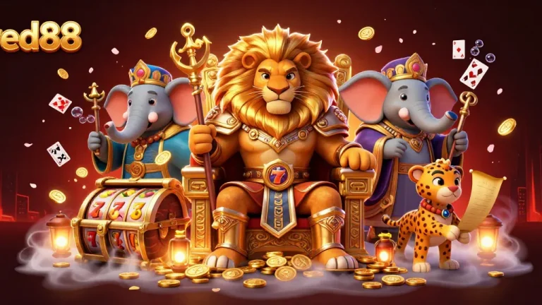 Engage with red88 gaming excellence, featuring a lion king, wise elephant, and swift cheetah amidst vibrant casino elements.
