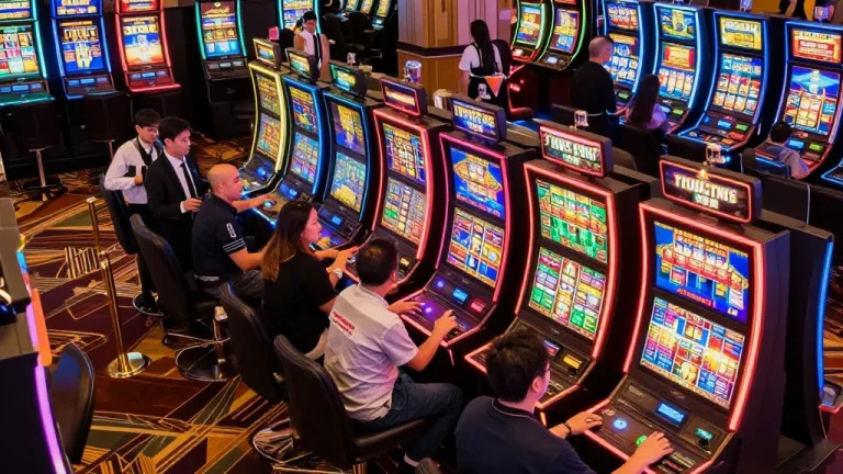 Players experiencing the thrill of slot gacor in a vibrant casino atmosphere with colorful machines.