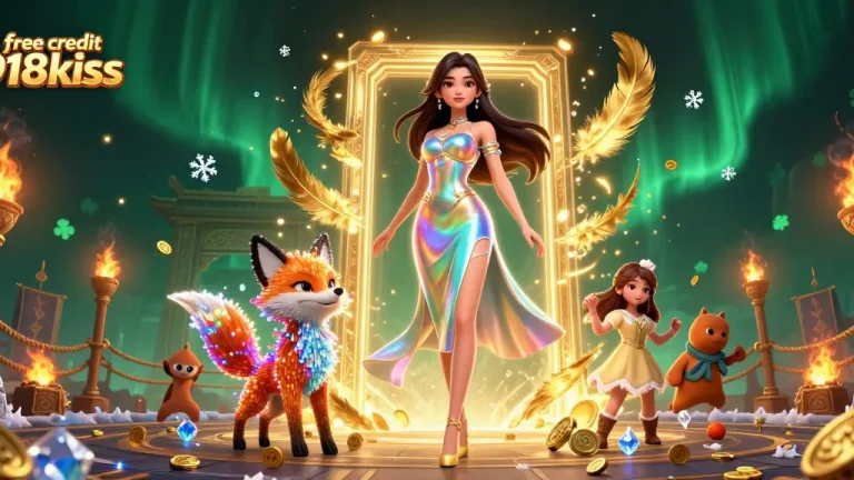 Spin and win with free credit 918kiss in a vibrant, dynamic casino scene featuring colorful characters.