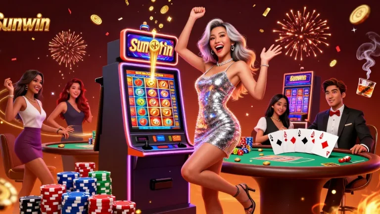 Celebrate wins at Sunwin with an exciting scene of casino action featuring vibrant slot machines and poker elements.