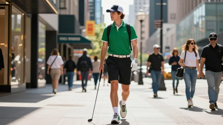 Stylish individual in 골프웨어 레플리카 confidently walking through a vibrant city street, showcasing modern golf fashion.