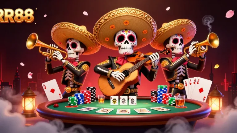 Experience the vibrant world of RR88 with a lively mariachi band amidst poker excitement and rich casino elements.
