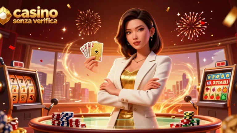 Scena coinvolgente che mostra casino senza verifica con un'elegante donna d'affari asiatica e elementi di gioco vivaci.