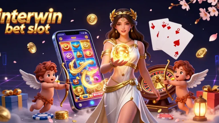 Win big with interwin bet slot featuring a stunning goddess and cherubs amidst thrilling slot game elements.