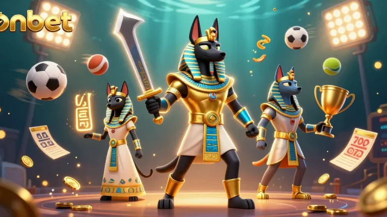Experience thrilling betting action with ONBET, showcasing Anubis and Bastet in a vibrant 3D casino scene.