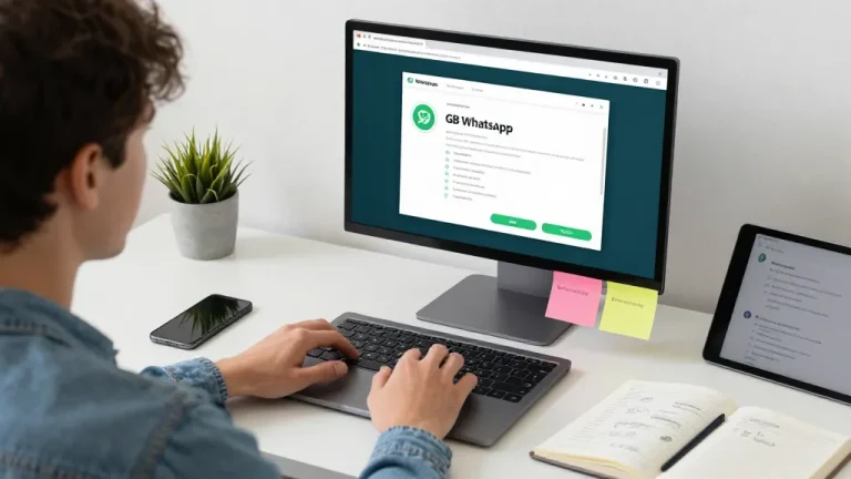 Exploring gb whatsapp features on a laptop in a modern tech workspace.