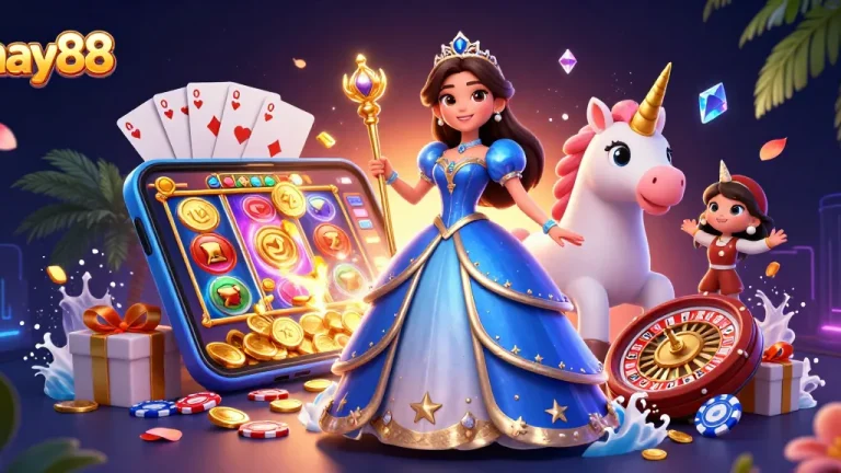 Win big with hay88 in a vibrant 3D casino scene featuring colorful slot games and exciting characters.