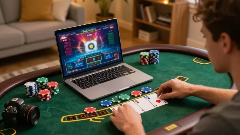 Engaging scene of a player at home using a laptop for tải hitclub blackjack gaming, set in a cozy atmosphere with vibrant visuals.