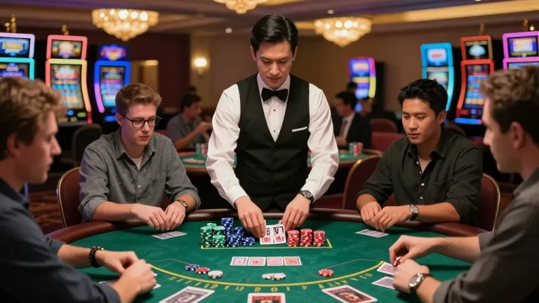 Experience exhilarating gameplay at 79KING blackjack table, showcasing high stakes and focused players in a lively casino.