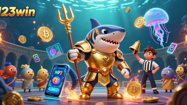Join the action at 123win with exciting underwater casino adventures featuring a golden shark and vibrant crypto elements.