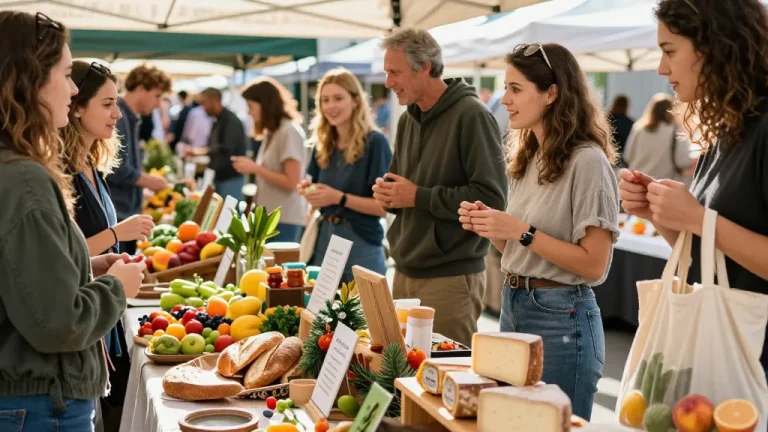 Local community shopping scene featuring diverse friends at the market exploring vibrant produce and handmade goods from https://forumup.org/shop/search.php?ca_id=&addr1=&addr2=&addr3=&schKeyword=