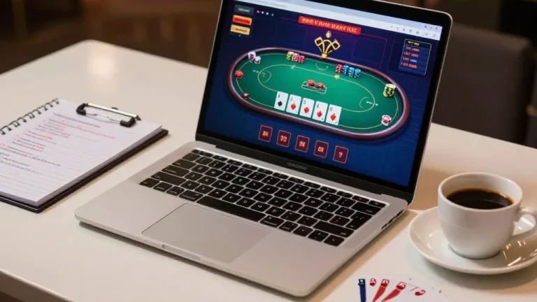 Engaging in strategic gameplay at bj886 online casino on a modern laptop with betting notes