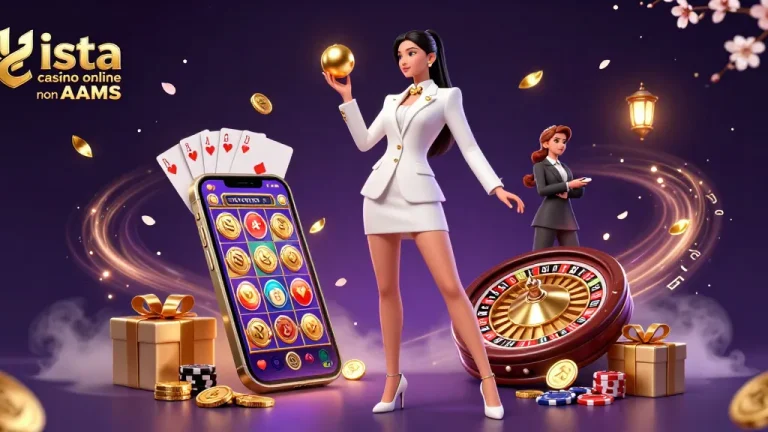 Interagisci con la lista casino online non AAMS che mostra rulli di slot che girano e una straordinaria donna asiatica che presiede a un'atmosfera di casinò vibrante.