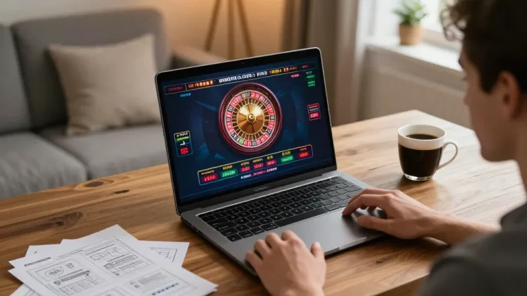 Player experiencing fly88 online gaming with live roulette on laptop in cozy home setting