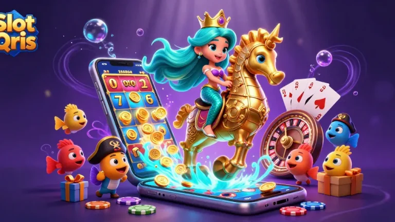 Engage with Slot Qris in a vibrant underwater scene featuring a mermaid and seahorse in action.