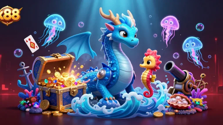 x88 online casino scene with a vibrant azure water dragon & treasures for players