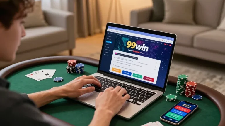 Engaging in online gaming on 99win with a laptop setup in a cozy, modern environment.