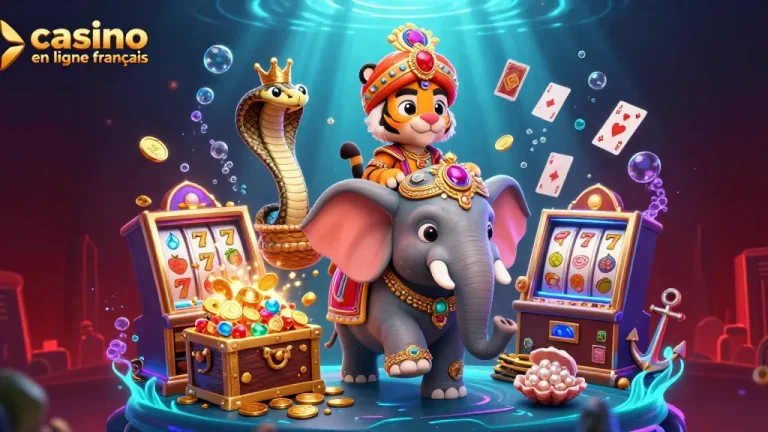 Découvrez des jeux palpitants au casino en ligne français avec une illustration 3D vibrante d'un tigre maharaja appréciant une scène de casino animée.