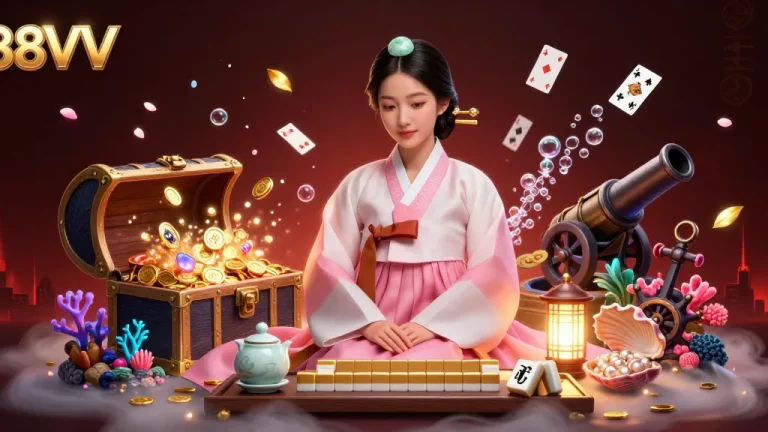 Engage with 88VV's thrilling gaming adventure featuring a serene Asian woman and bursts of underwater treasures.