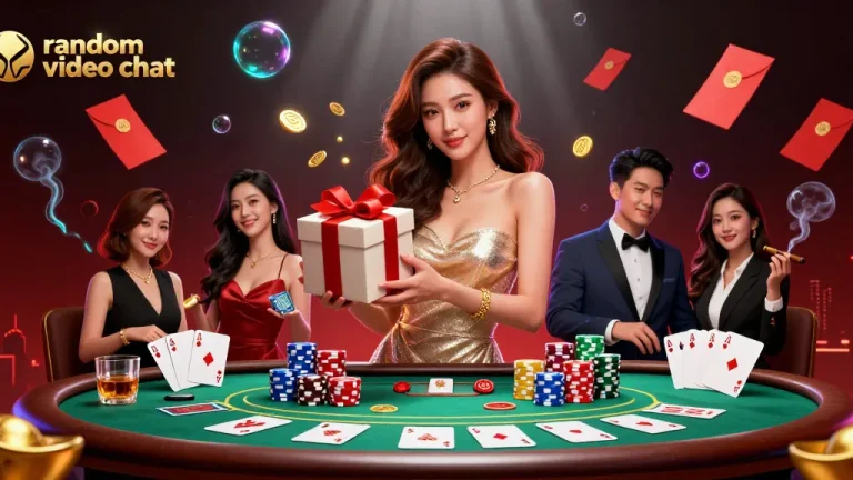Engage in random video chat while connecting with players in a vibrant casino scene filled with excitement.