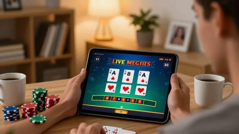 A player enjoys blackjack at home, showcasing Fun88 com online gaming with strategy notes.