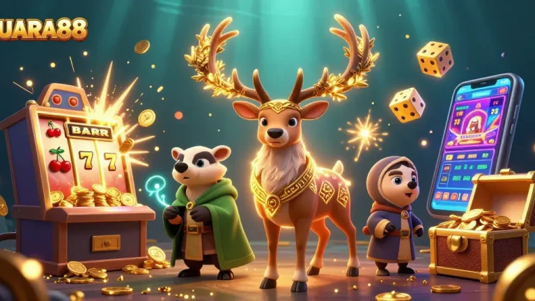 Experience the thrill of JUARA88 with vibrant casino elements and 3D fantasy characters.