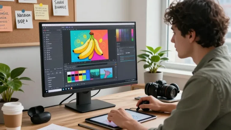 Digital creator using nano banana 2 AI image editor in a creative workspace with vibrant visuals on screen.