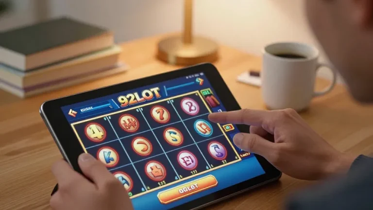 92slot player tapping on tablet screen, enjoying dynamic online gaming at home in a cozy atmosphere