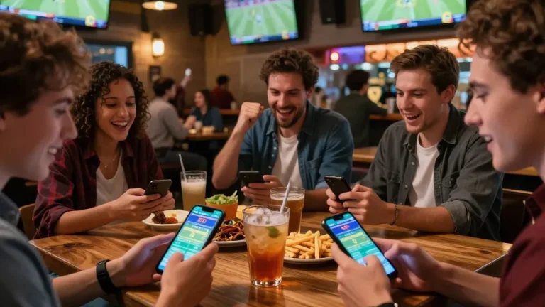 Penggemar melakukan taruhan toto menggunakan perangkat seluler di bar olahraga yang ramai selama malam pertandingan.