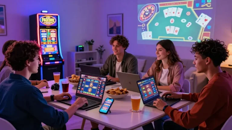 Groupe profitant d'une soirée de jeux de casino en ligne français avec des amis à la maison, avec des ordinateurs portables et des visuels de jeux captivants.