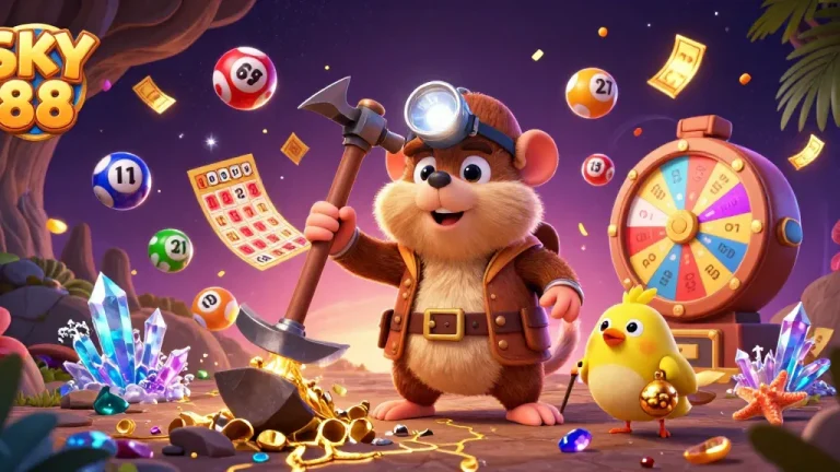 Engage with SKY 88 in a vibrant 3D scene filled with dynamic lottery elements and treasure.