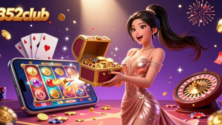 B52club showcases a stunning Asian woman revealing treasures in a vibrant online gaming illustration.