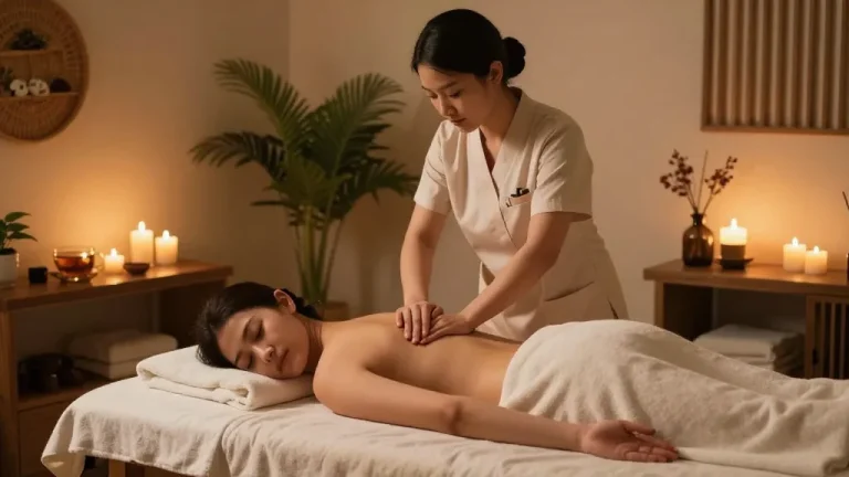 Relaxing 1인샵 massage scene with therapist providing Swedish massage in serene spa setting.