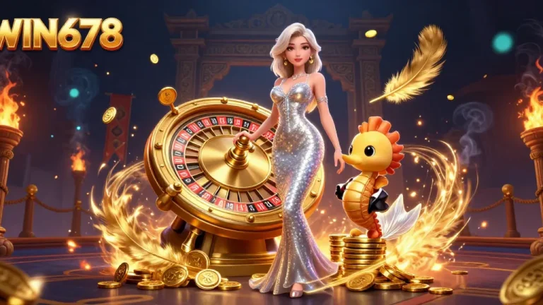 WIN678 showcases a glamorous roulette scene with a mermaid and a tuxedo seahorse, creating excitement.
