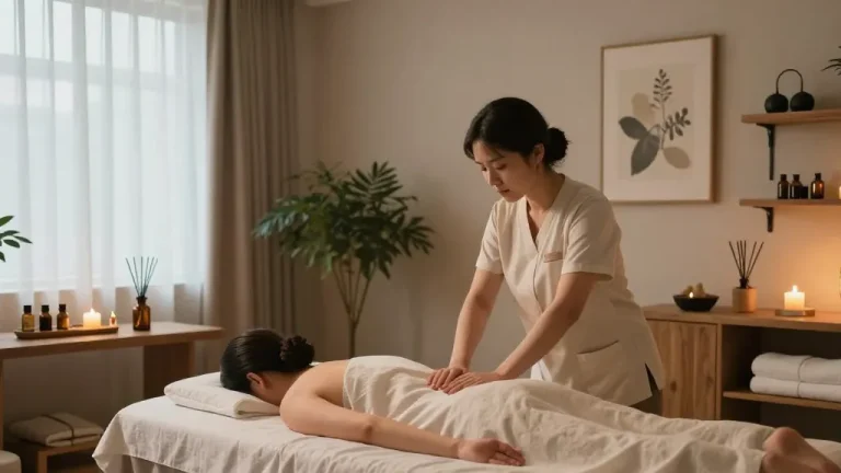 1인샵 massage therapy session in a serene wellness spa with relaxing ambiance and calming decor.