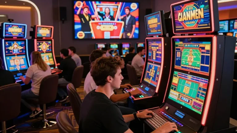 Players enjoying slot games and live dealer experiences at KJC online casino, dynamic atmosphere with vibrant screens.