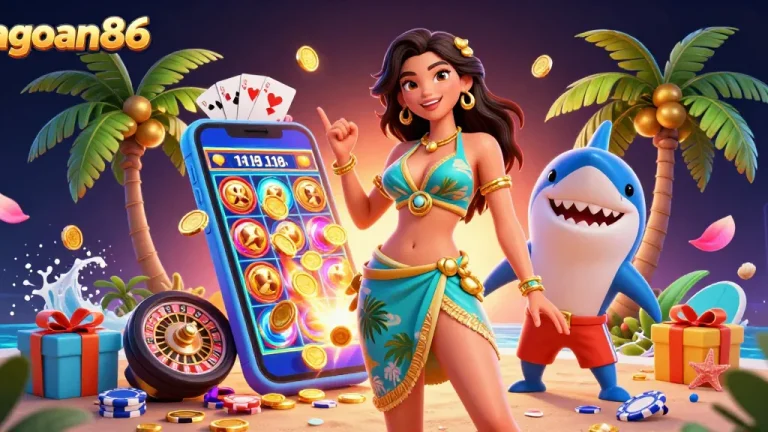 Play at jagoan86 and win exciting jackpots with vibrant slot games in a tropical casino setting.