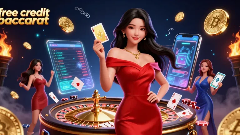 Experience free credit baccarat excitement with a confident woman at a dynamic casino scene.