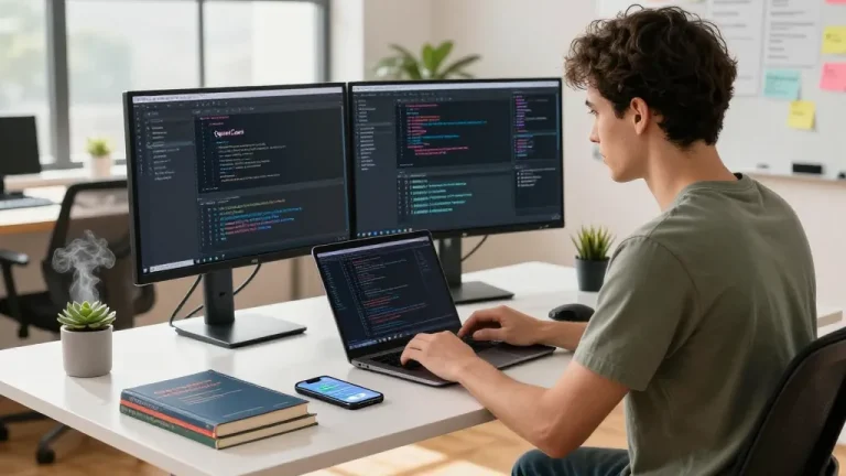 OpenClaw interface on dual monitors in a vibrant software development workspace with a developer coding.