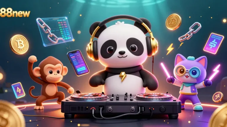 Experience the vibrant energy of 888new with a DJ panda and animated characters in a colorful casino scene.