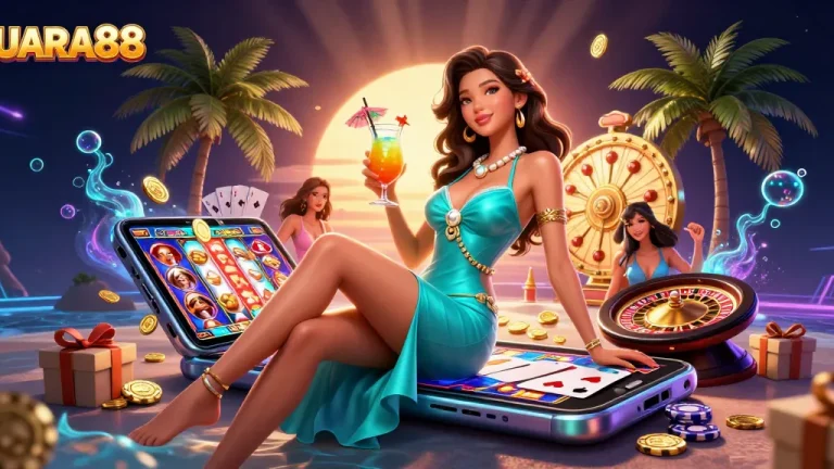 Experience JUARA88 gaming excitement with a glamorous scene of a woman enjoying a cocktail at a tropical casino.