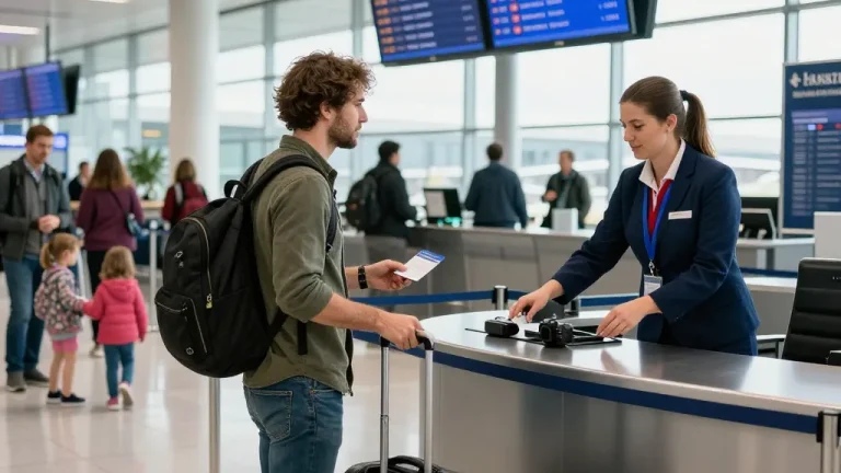Travelers checking in for flights to Cardiff Airport from Halifax in a vibrant airport setting.