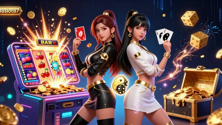 Experience the thrill of 888slot87 with stunning visuals of players engaging with dynamic slot games and casino elements.