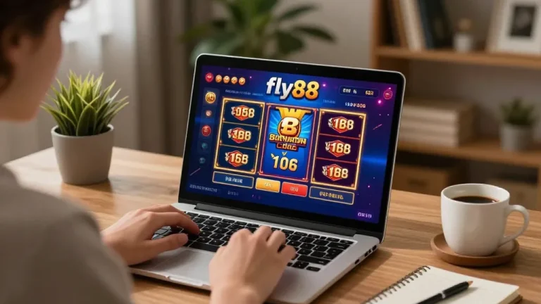 Engaging online gaming experience at fly88 with a player analyzing strategies on a laptop
